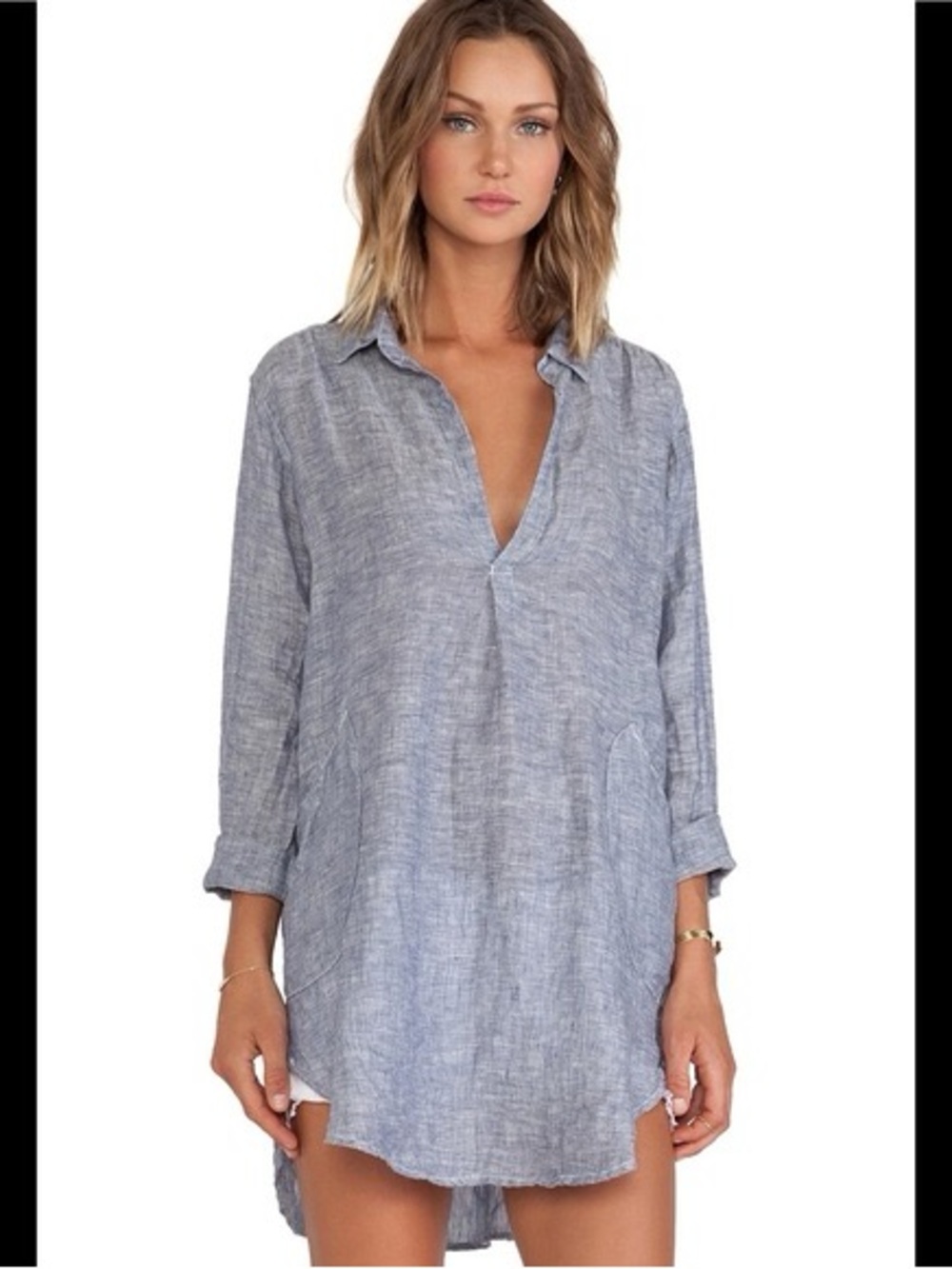 CP Shades Light Blue Linen Tunic with V-Placket EUC